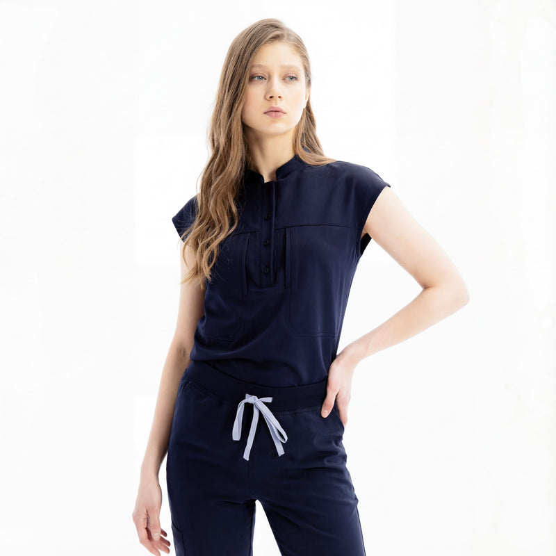 Verve Mandarin Collar Navy Scrub Top