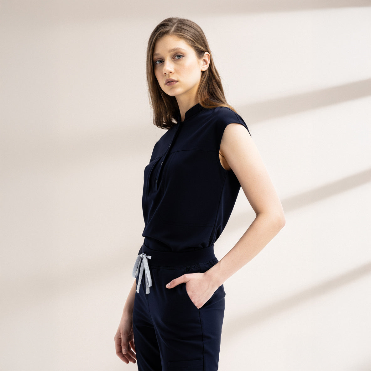 Verve Mandarin Collar Navy Scrub Top